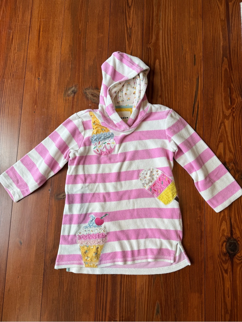 Mini Boden Hooded Terry Cloth Towel Dress with Desserts